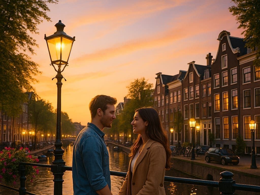 Couple together on a Dutch canal at sunset