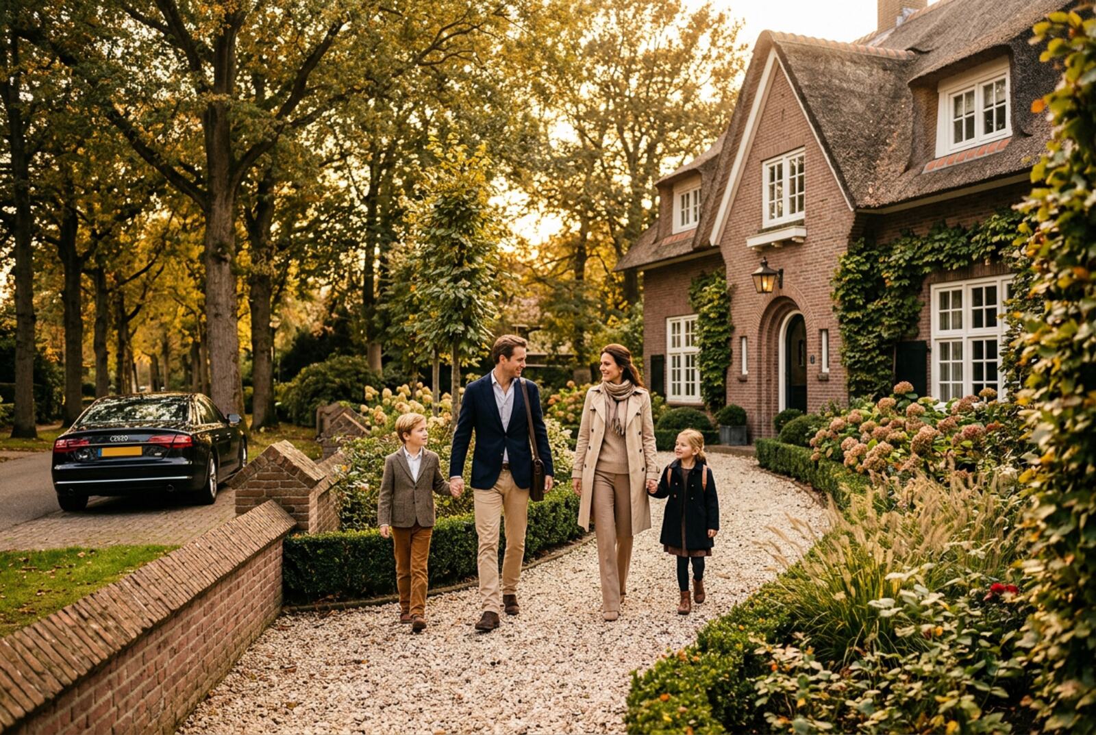 Family arriving at a Dutch villa in the evening light